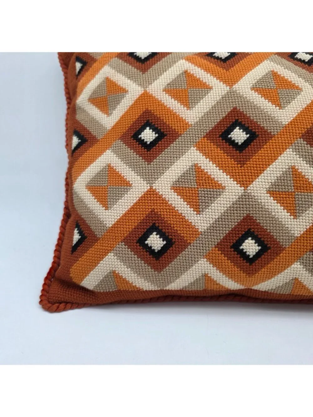 Mid-Century Geometric Needlepoint Throw Pillow With Velvet Back In Orange 18